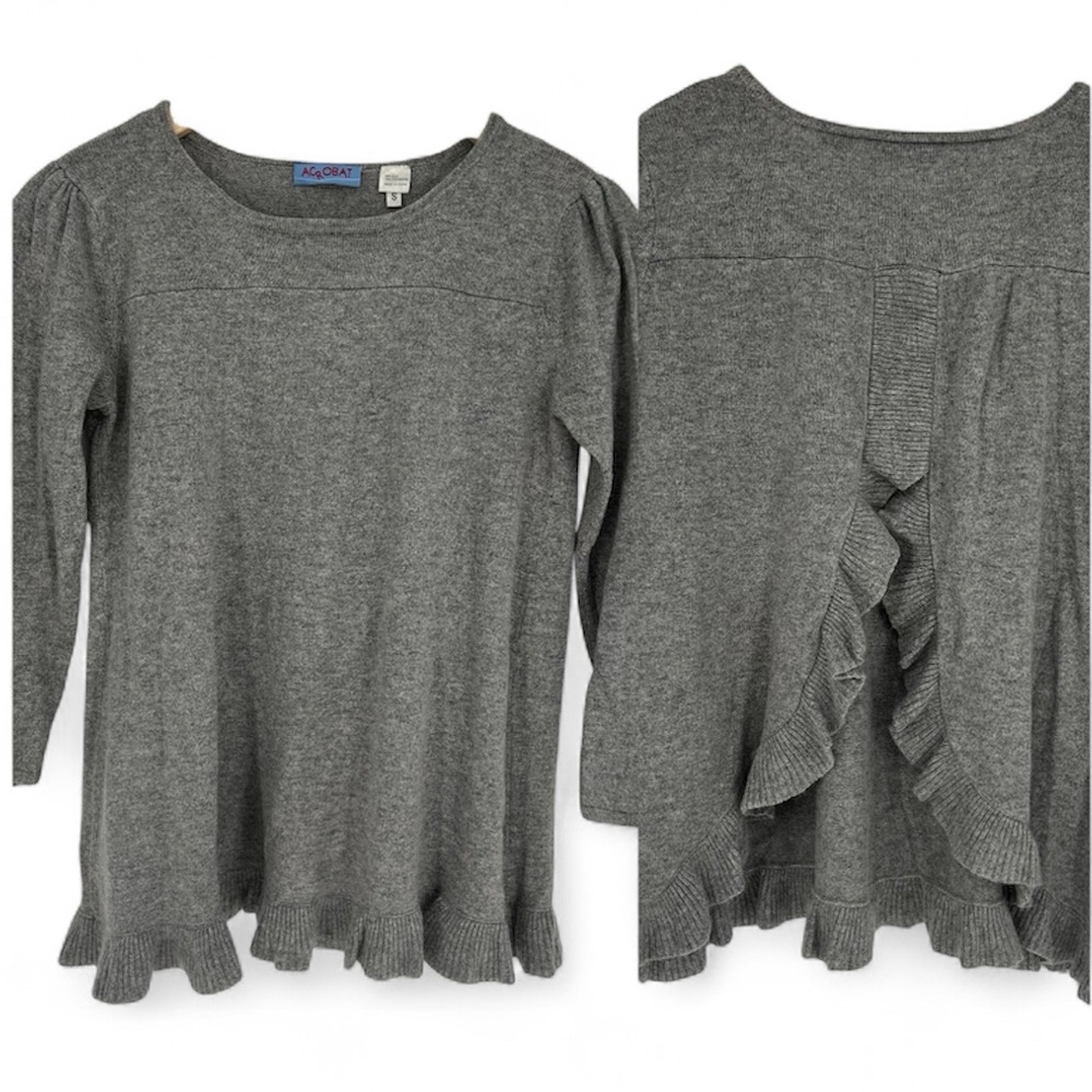 Acrobat Sweater Women's Small‎ Silk Cashmere Ruffle Hem Pullover Gray Back Slit